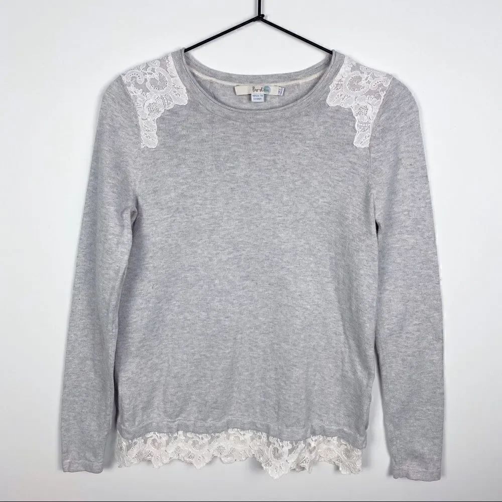 Boden Lace Embellished Sweater Cotton Gray White Long Sleeve Crew Neck 2 - Picture 13 of 13